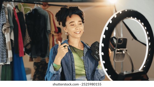 Happy woman, phone or camera with ring light for tutorial, photography tips or online content at studio. Influencer, female person or photographer with equipment for live recording or helpful advice - Powered by Shutterstock