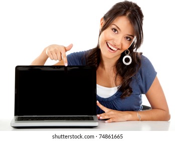 Happy Woman Pointing At A Laptop Computer Screen? Isolated Over White