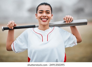 Happy woman, portrait and baseball with bat on turf for game time, match or outdoor competition on field. Young female person or sports athlete with smile for fitness, exercise or softball on pitch - Powered by Shutterstock