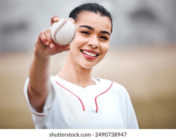 Happy woman, portrait and baseball player with ball for throw, play or game time on outdoor pitch or field. Female person, sports athlete or baller with smile for match, fitness or practice in nature - Powered by Shutterstock