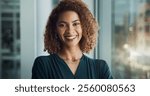 Happy woman, portrait and business with window for career ambition, confidence or pride at office. Face, female person or designer with smile for company startup or creative development at workplace