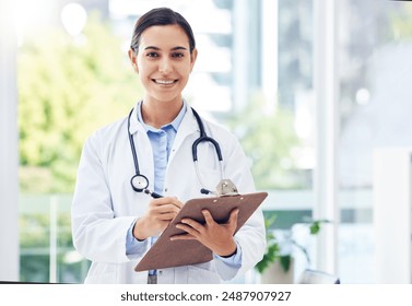 Happy woman, portrait and doctor with clipboard for diagnosis, medical study or research at hospital. Female person or healthcare employee with notes for service, information or clinic prescription - Powered by Shutterstock