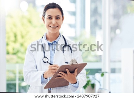 Happy woman, portrait and doctor with clipboard for diagnosis, medical study or research at hospital. Female person or healthcare employee with notes for service, information or clinic prescription
