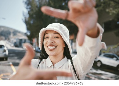 Happy woman, portrait and frame in city for photography, fashion or outdoor memory in selfie. Female person smile with hands framing face for photograph, picture or social media tour in urban town - Shutterstock ID 2364786763