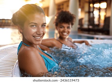 Happy woman, portrait and friends with jacuzzi in relax at hotel, resort or hot tub spa together. Face of female person or people with smile for relaxation, hospitality or heated bath by indoor pool - Powered by Shutterstock