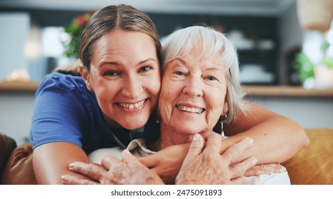 Happy woman, portrait and hug with senior patient in elderly care, love or nursing at retirement home. Female person, nurse or caregiver with smile for embrace, healthcare or bonding at old age house - Powered by Shutterstock