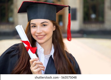 Happy Woman Portrait On Her Graduation Day University. Education And Student Master.