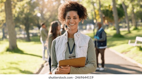 Happy woman, portrait and volunteer with clipboard for change, eco friendly environment or help in nature. Young female person with smile for NGO, go green or community service survey at outdoor park - Powered by Shutterstock