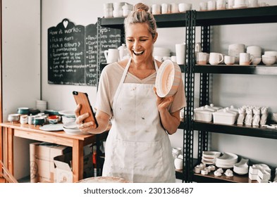 Happy woman, pottery and selfie in small business for social media, advertising or vlog at store. Female person or retail owner smiling with clay bowl for photo or online post on mobile smartphone - Powered by Shutterstock