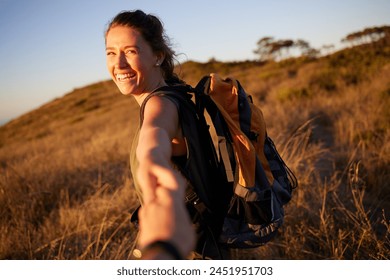 Happy, woman with POV and couple hiking, travel and tourism with exploring nature together for honeymoon. Romantic getaway, exercise for bonding and people on adventure, trekking and holding hands - Powered by Shutterstock