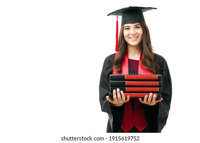 Happy Woman Ready To Receive Her University Diploma. Caucasian Female Young Student Graduating From Law School And Holding A Lot Of Academic Books