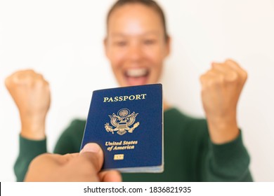 A Happy Woman Receiving Her US Passport To Travel. American Citizenship.