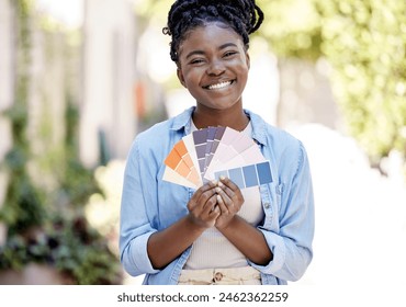 Happy woman, renovation and portrait with contractor or paint colour swatches, real estate and decoration. Interior design, new apartment and maintenance, home or palette and outdoor diy for project - Powered by Shutterstock