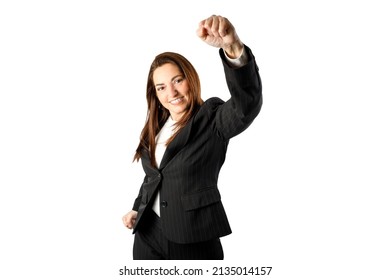 Happy Woman Rising Her Fist. Smiling Looking At Camera. Isolated On White Background. 40-45 Years Old Business Woman.