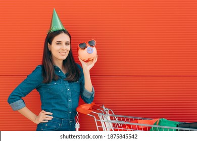 Happy Woman Shopping For Her Birthday Party. Cheerful Female Client Having A Great Shopping Experience
