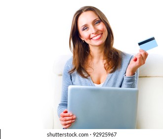 Happy Woman Shopping Online With Credit Card And Computer.Internet Shopping