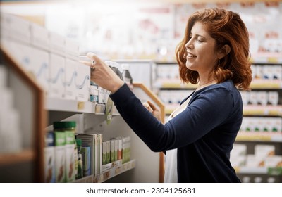 Happy woman, shopping and pharmacy for pills, medication or drugs for healthcare on shelf at store. Female person, customer or patient checking pharmaceutical products, medicine or stock at clinic - Powered by Shutterstock