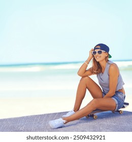 Happy woman, skateboard or space on beach with fashion, sunglasses or summer style. Female person, smile and energy at ocean mockup for vacation, holiday or travel and confident on boardwalk in Miami - Powered by Shutterstock