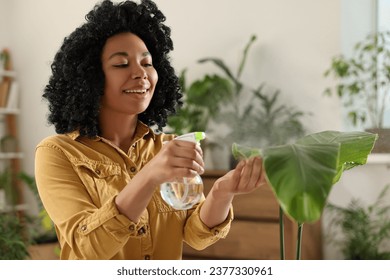 Happy woman spraying beautiful houseplant leaves with water indoors - Powered by Shutterstock