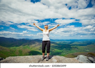 Happy Woman Successfully Hiking Old Rag Mountain In Shenandoah National Park In Virginia