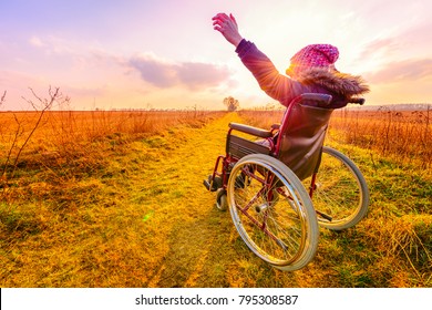 Happy woman at sunset. A young girl in a wheelchair - back view - Powered by Shutterstock