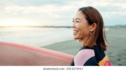 Happy, woman and surfer thinking at beach, sea and ocean for summer holiday, travel adventure or hobby. Japanese lady smile with surfing board for water sports, freedom or relax for tropical vacation - Powered by Shutterstock