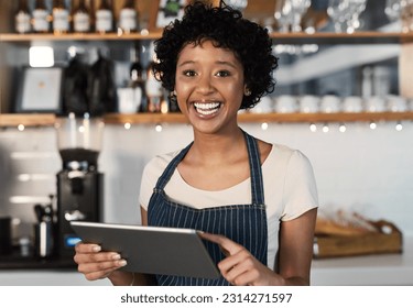 Happy woman, tablet and portrait of barista at cafe with smile in management, inventory or stock at restaurant. Female person, waitress or employee on technology for small business at coffee shop - Powered by Shutterstock