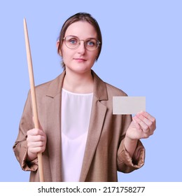 Happy Woman Teacher Holding Business Card On Studio Blue Background, Copy Space