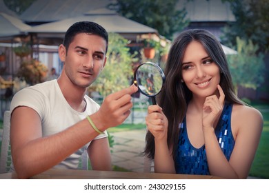 Happy Woman Testing Engagement Ring From Boyfriend With Magnifier - Young Couple Getting Engaged In Funny Wedding Proposal Scene 