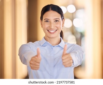 Happy, woman and thumbs up hands for business, success or deal of an employee against a bokeh background. Portrait of female worker with hand gestures for thank you, great work and job well done.