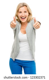 Happy woman thumbs up isolated on white background