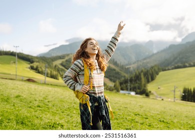 Happy Woman tourist admiring the landscape mountains nature. Exploring wilderness in National Park. Travel, hiking concept. - Powered by Shutterstock