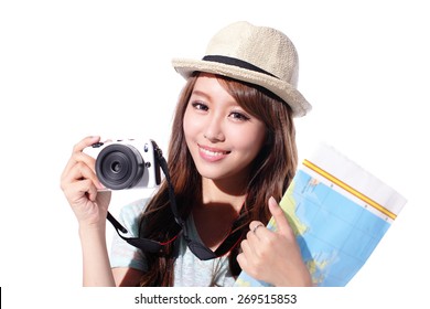 Happy Woman Tourist Travel Holding Camera And Map Isolated On White Background, Asian