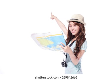 Happy Woman Tourist Travel Holding Camera And Map Isolated On White Background, Asian