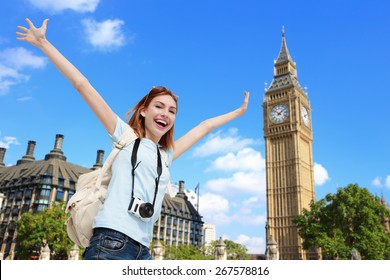 Happy Woman Travel In London With Big Ben Tower, Caucasian Beauty