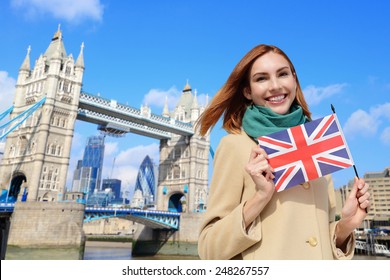 Happy Woman Travel In London With Tower Bridge, And Smile To You, Caucasian Beauty