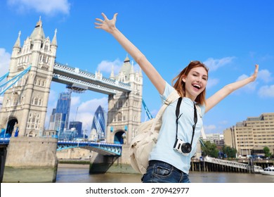 Happy Woman Travel In London With Tower Bridge, And Smile To You, Caucasian Beauty