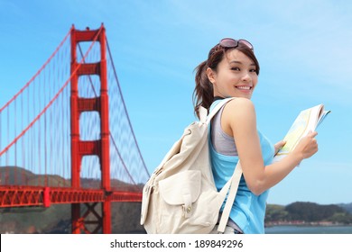 Happy Woman Travel In San Francisco And Look Map, Asian