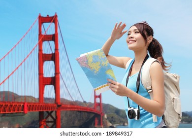 Happy Woman Travel In San Francisco And Look Map, Asian