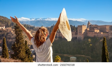 happy woman travel in Spain,  Andalousia- Granada, Alhambra