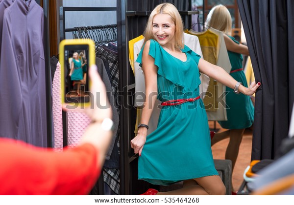 Happy Woman Trying New Dress Wardrobe Stock Photo Edit Now 535464268