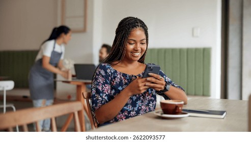 Happy woman, typing and chatting with phone at cafe for remote work, email or social media. Female person, customer or freelancer with smile on mobile smartphone for communication app at coffee shop