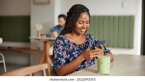 Happy woman, typing and social media with phone at cafe for remote work, email or chatting app. Female person, customer or freelancer with smile on mobile smartphone for communication at coffee shop