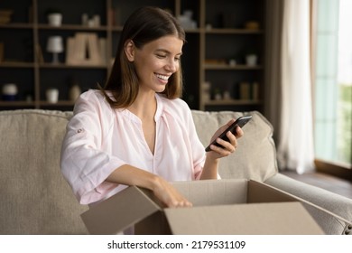 Happy woman unbox parcel box, check ordered items in phone use retail ecommerce application, leave positive feedback to customer, feel satisfied with delivered goods, quick delivery services concept