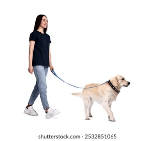 Happy woman walking her dog on white background - Powered by Shutterstock