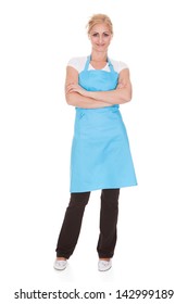 Happy Woman Wearing Kitchen Apron Over White Background