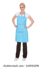 Happy Woman Wearing Kitchen Apron Over White Background