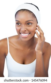 Happy Woman Wearing White Headband On White Background