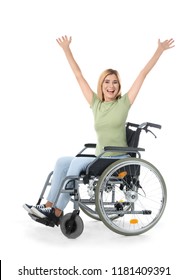 Happy Woman In Wheelchair On White Background