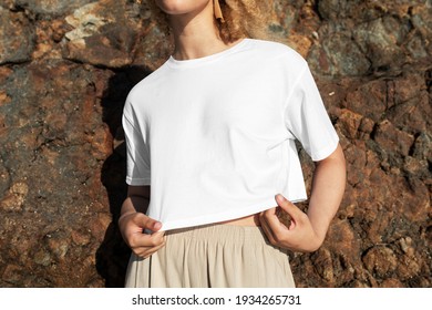 Happy Woman In White Crop Top Outdoor Photoshoot